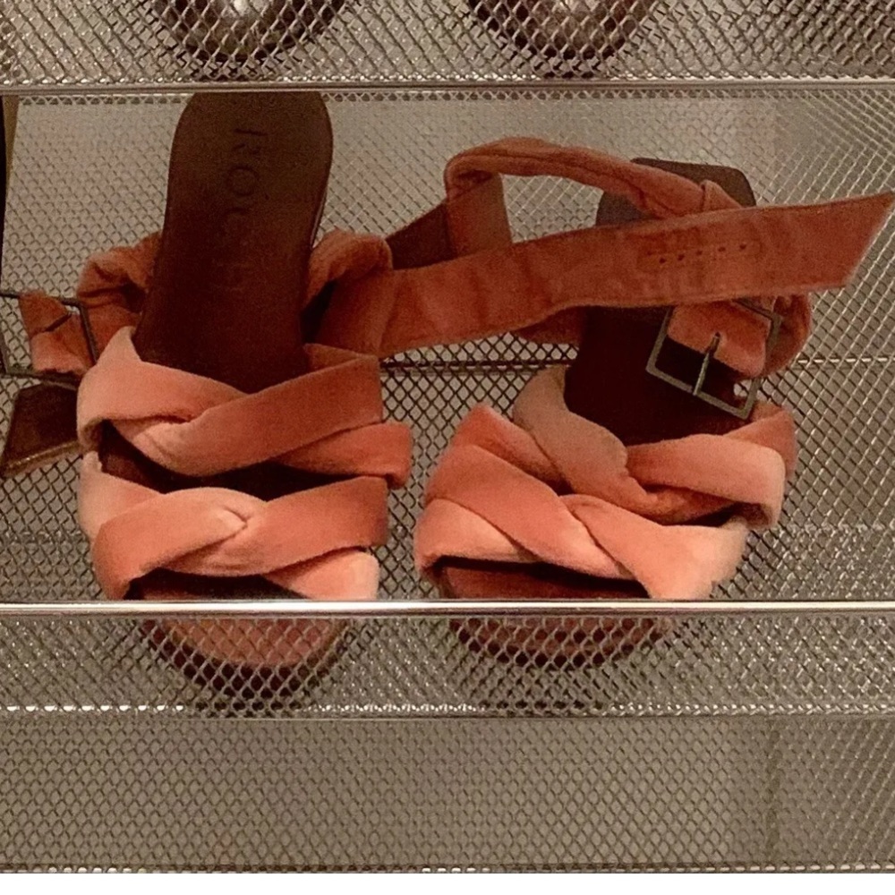 Authentic Rochas Women's Gladiator Pink Peach Flats Shoes Velour Size 5.5 35.5